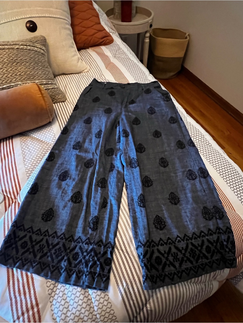 Zara Wide Leg Cropped Pants in Charcoal Gray with Black Embroidered Pattern